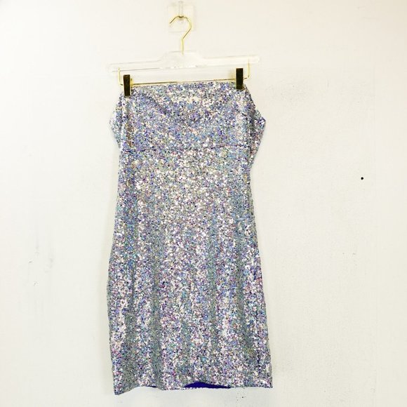 CHARLOTTE RUSSE Dress Silver Blue Bodycon Mini MEDIUM Cocktail Strapless Sparkle - Picture 1 of 9